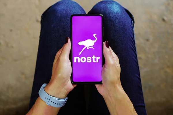 브라질 2023 삽화에서는 Nostr 로고가 스마트폰 화면에 표시됩니다 — 스톡 사진