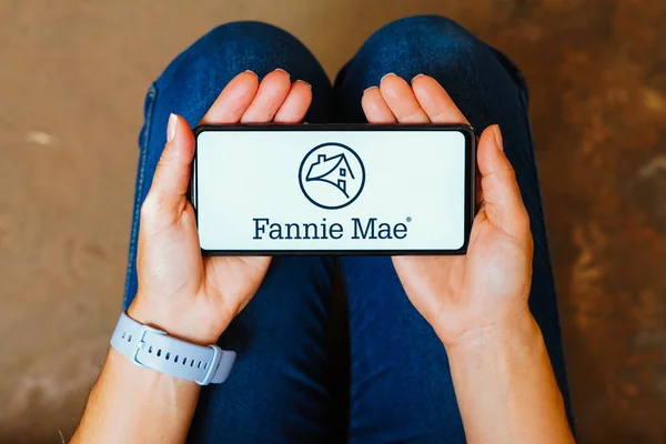 2023 브라질 삽화에서 모기지 Fannie Mae 로고가 스마트폰 화면에 표시되어 — 스톡 사진