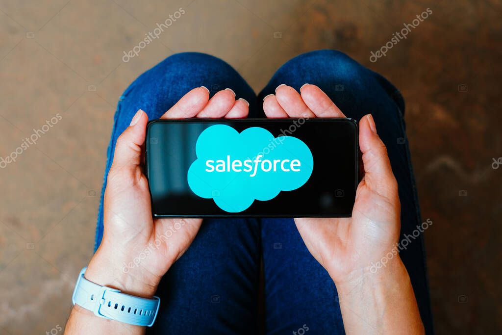 June 9, 2023, Brazil. In this photo illustration, the Salesforce logo is displayed on a smartphone screen