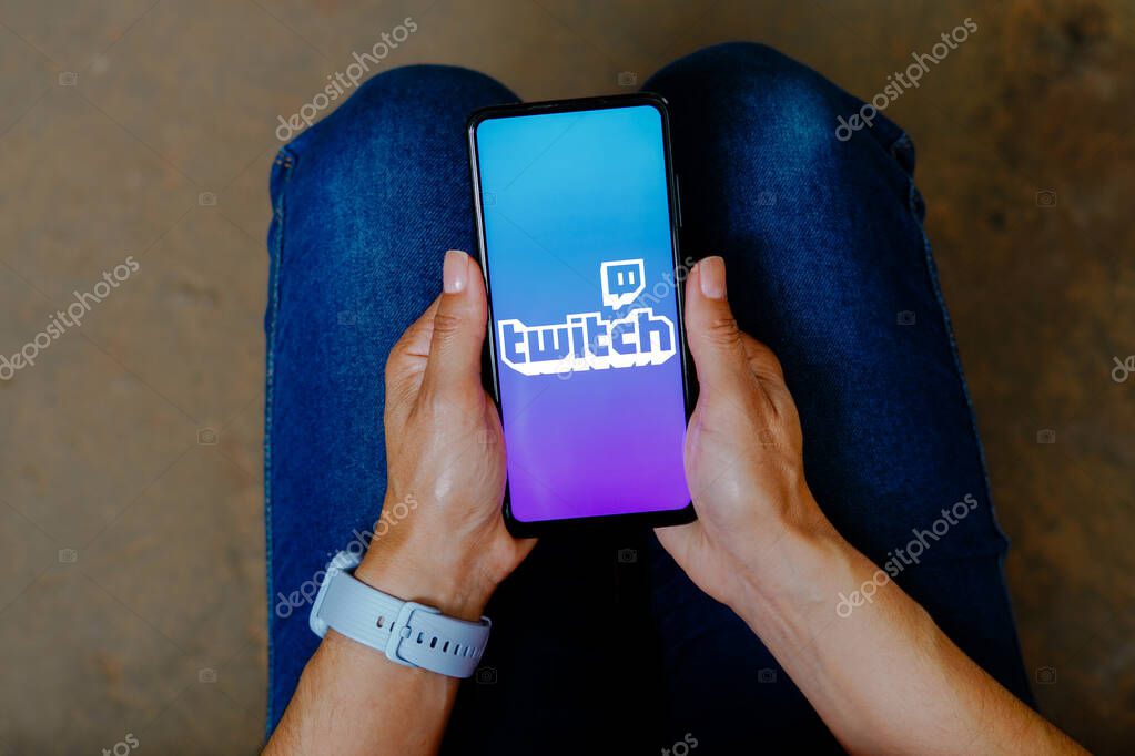 June 28, 2023, Brazil. In this photo illustration, the Twitch logo is displayed on a smartphone mobile