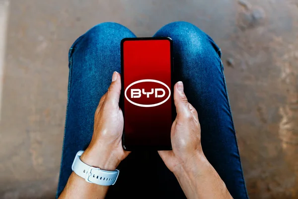 브라질 2023 Byd Company Limited 로고는 스마트폰 화면에 표시됩니다 — 스톡 사진