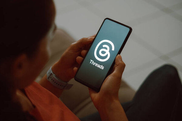 July 6, 2023, Brazil. In this photo illustration, the app Threads from Meta seen displayed on a mobile phone. Threads is the latest app launched by Meta. The Threads app is the direct rival of Twitter