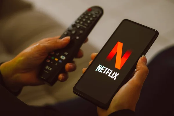 stock image July 13, 2023, Brazil. In this photo illustration, the Netflix logo seen displayed on a smartphone