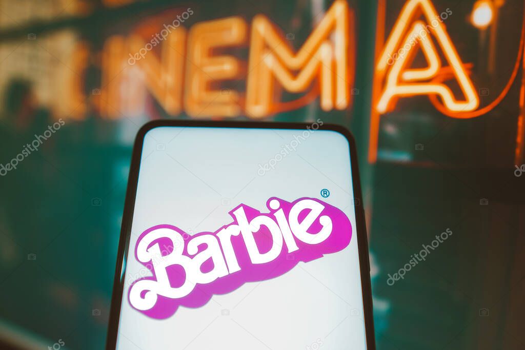 July 21, 2023, Brazil. In this photo illustration, the Barbie the movie logo seen displayed on a smartphone. Barbie is a 2023 American fantasy comedy film Based on the Barbie fashion dolls by Mattel