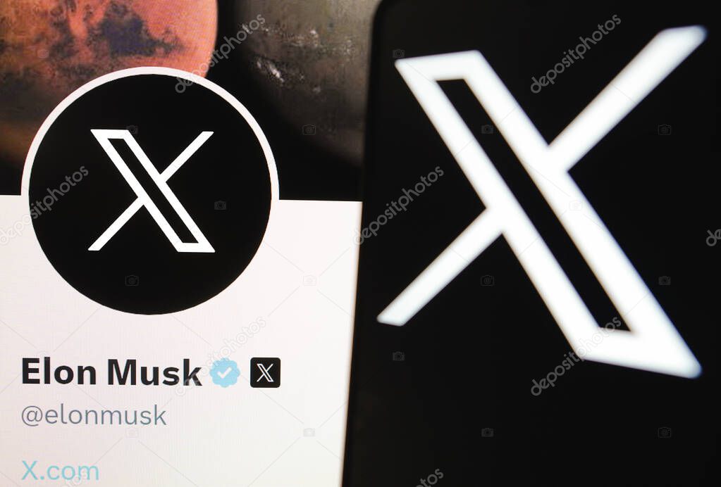 July 24, 2023, Brazil. In this photo illustration, the Twitter (X) new logo seen displayed on a smartphone. In the background, the official profile of Elon Musk, new owner of the social network Twitter
