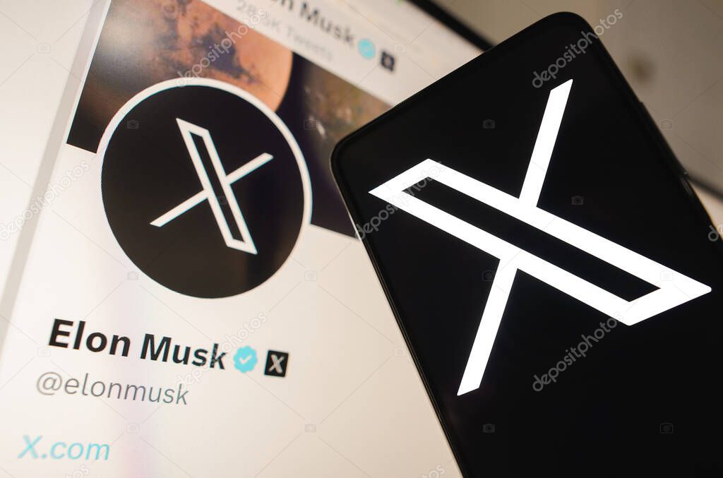 July 24, 2023, Brazil. In this photo illustration, the Twitter (X) new logo seen displayed on a smartphone. In the background, the official profile of Elon Musk, new owner of the social network Twitter