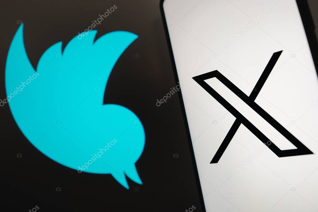 July 24, 2023, Brazil. In this photo illustration, the Twitter (X) new logo seen displayed on a smartphone. In the background, the old bluebird social network logo