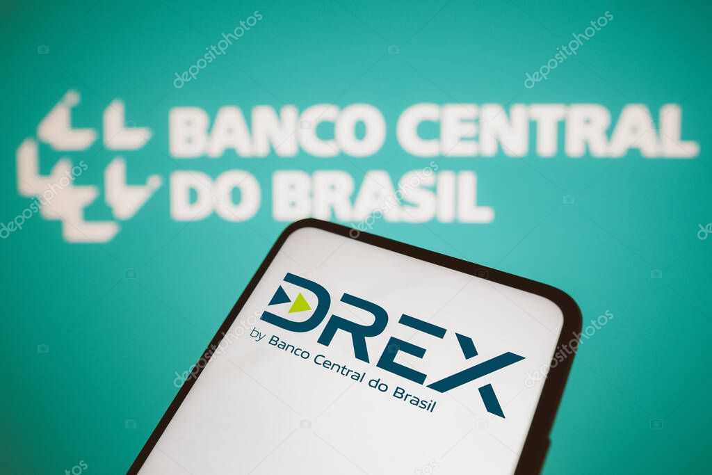 August 8, 2023, Brazil. In this photo illustration, the Drex logo seen displayed on a smartphone. Drex is the new Brazilian digital currency launched by the Central Bank