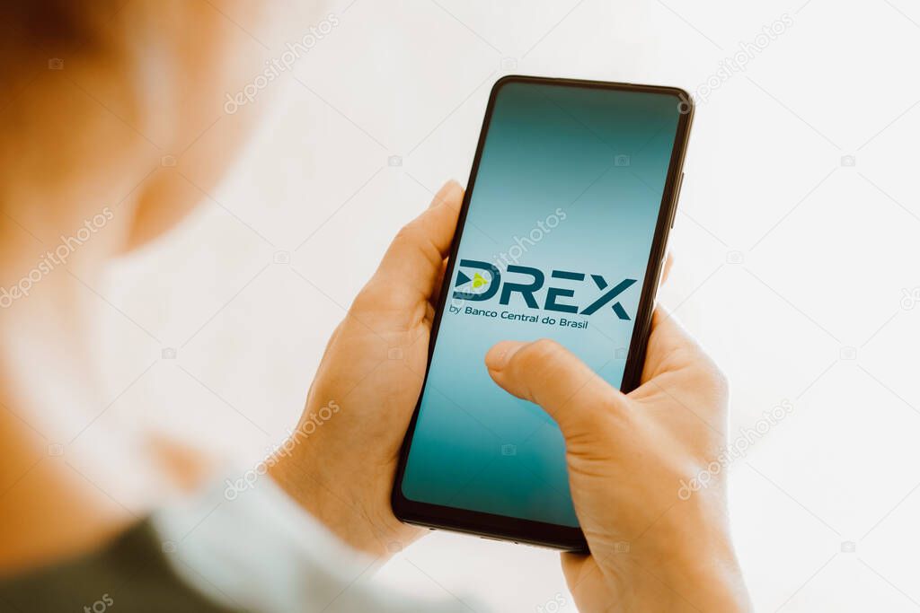 August 8, 2023, Brazil. In this photo illustration, the Drex logo seen displayed on a smartphone. Drex is the new Brazilian digital currency launched by the Central Bank