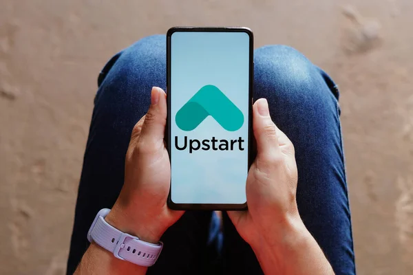 stock image August 17, 2023, Brazil. In this photo illustration, the Upstart logo is displayed on a smartphone screen