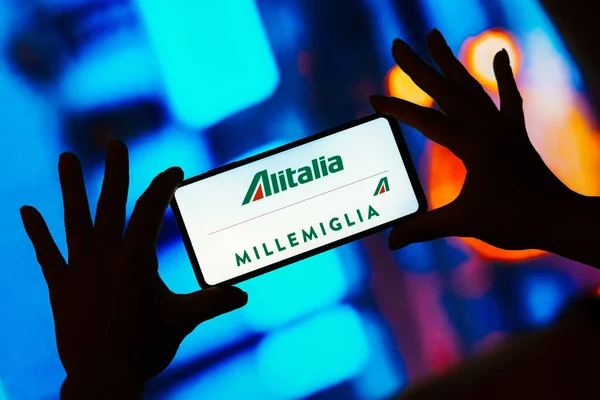 August 2023 Brazil Photo Illustration Millemiglia Alitalia Logo Seen Displayed — Stock Photo, Image