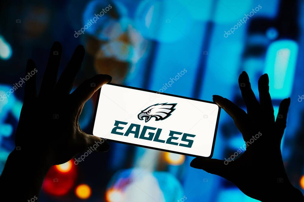 September 9, 2023, Brazil. In this photo illustration, the Philadelphia Eagles logo is displayed on a smartphone screen. It is a professional American football franchise. The Eagles compete in the National Football League