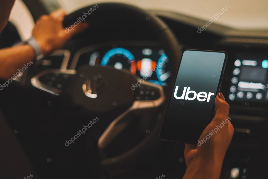October 2, 2023, Brazil. In this photo illustration, the Uber logo is displayed on a smartphone screen