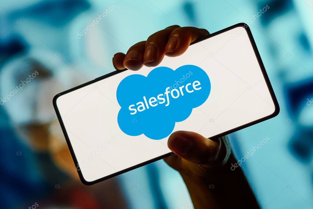 October 24, 2023, Brazil. In this photo illustration, the Salesforce logo is displayed on a smartphone screen