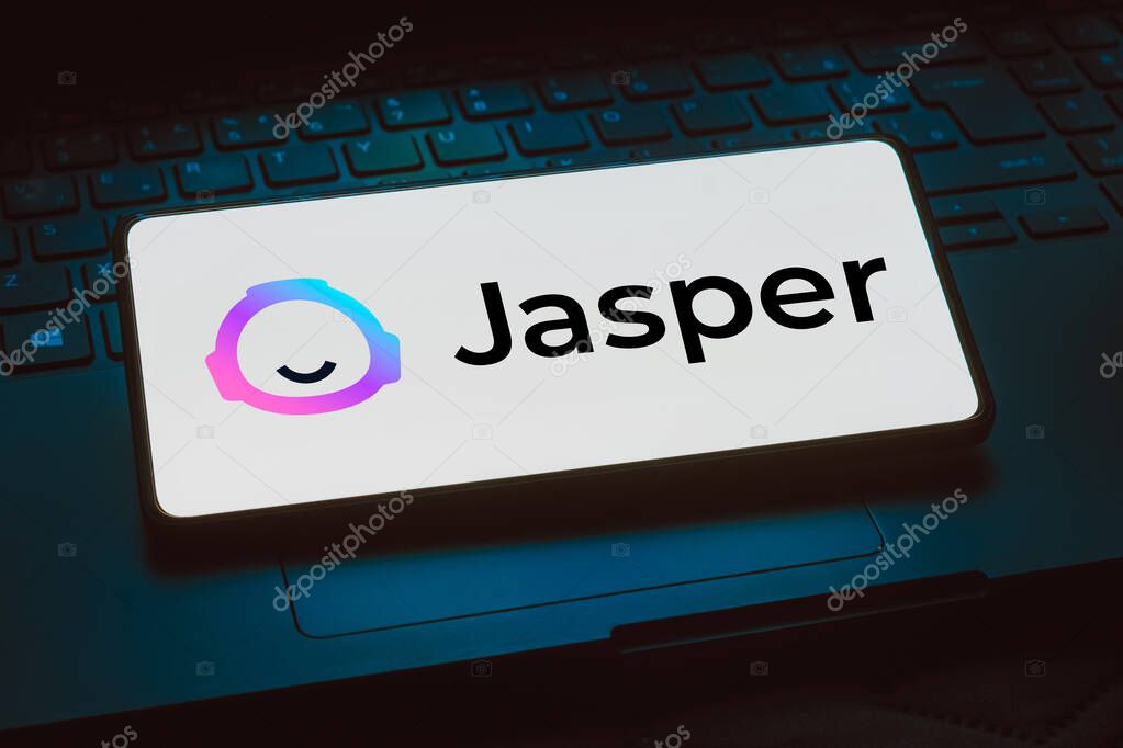November 24, 2023, Brazil. In this photo illustration, the Jasper AI logo is displayed on a smartphone screen