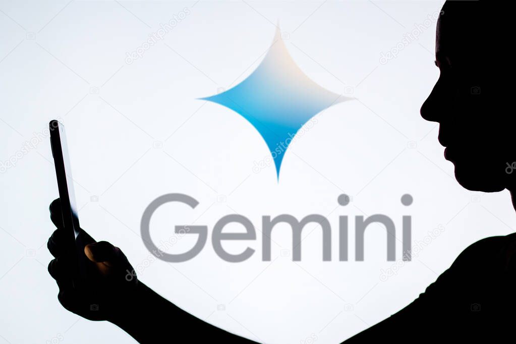 December 6, 2023, Brazil. In this photo illustration, a woman's silhouette holds a smartphone with the Google Gemini logo in the background