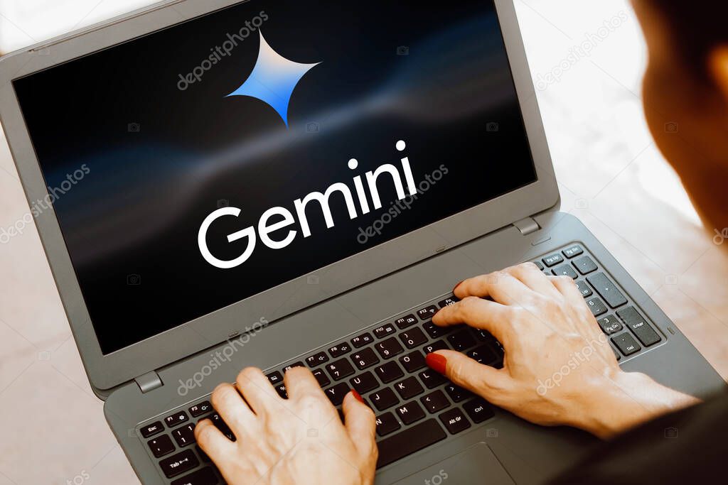 December 6, 2023, Brazil. In this photo illustration, the Google Gemini logo is displayed on a laptop screen. The tool was launched by Google as its new multimodal artificial intelligence (AI) model