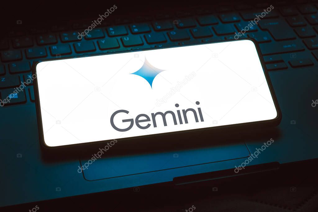 December 6, 2023, Brazil. In this photo illustration, the Google Gemini logo is displayed on a smartphone screen. The tool was launched by Google as its new multimodal artificial intelligence (AI) model