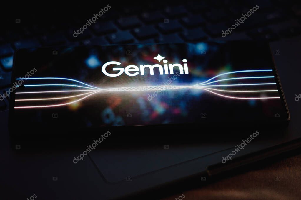 December 6, 2023, Brazil. In this photo illustration, the Google Gemini logo is displayed on a smartphone screen. The tool was launched by Google as its new multimodal artificial intelligence (AI) model