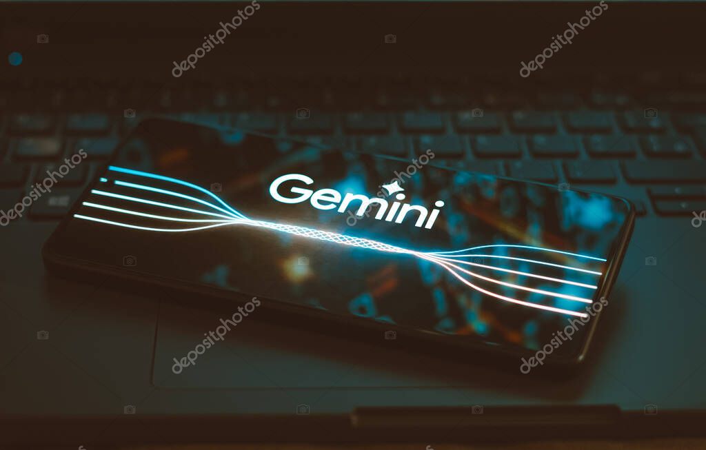 December 6, 2023, Brazil. In this photo illustration, the Google Gemini logo is displayed on a smartphone screen. The tool was launched by Google as its new multimodal artificial intelligence (AI) model