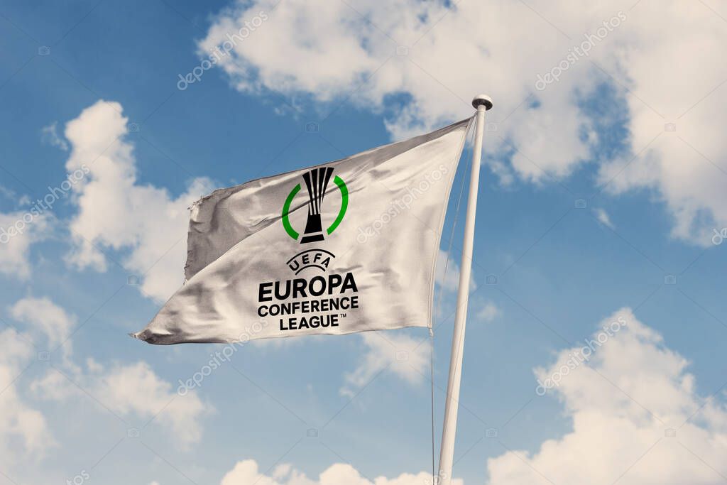 December 15, 2023, Brazil. In this photo illustration the UEFA Europa Conference League (UECL) soon appears on a flag