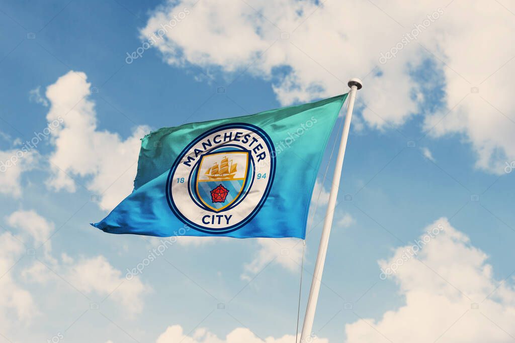 December 20, 2023, Brazil. In this photo illustration the Manchester City Football Club soon appears on a flag