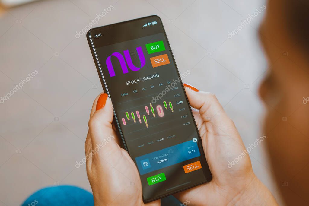 December 26, 2023, Brazil. In this photo illustration, the stock trading graph of Nubank seen on a smartphone screen