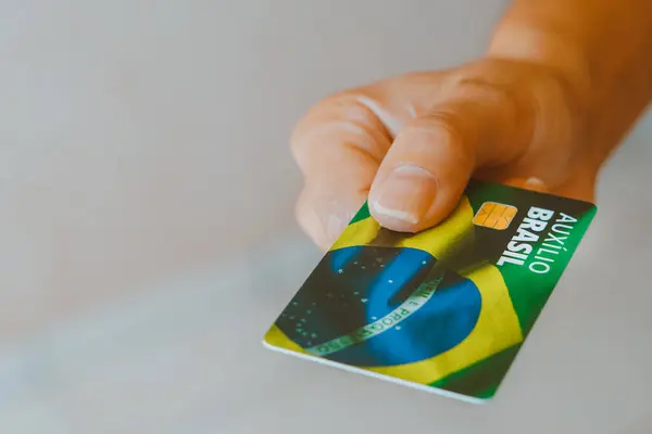 January 2024 Brazil Photo Illustration Woman Holding Auxlio Brasil Card — Stock Photo, Image