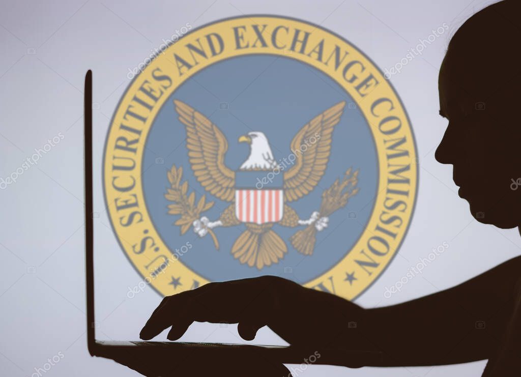 January 24, 2024, Brazil. In this photo illustration, the U.S. Securities and Exchange Commission (SEC) logo is seen in the background of a silhouette of a person using a notebook