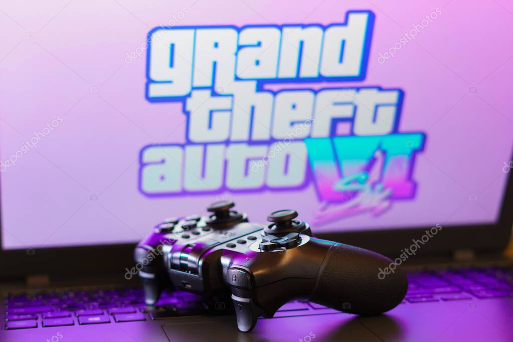 February 5, 2024, Brazil. In this photo illustration, the Grand Theft Auto VI (GTA Six) logo game is displayed on a computer screen, next to a gamepad