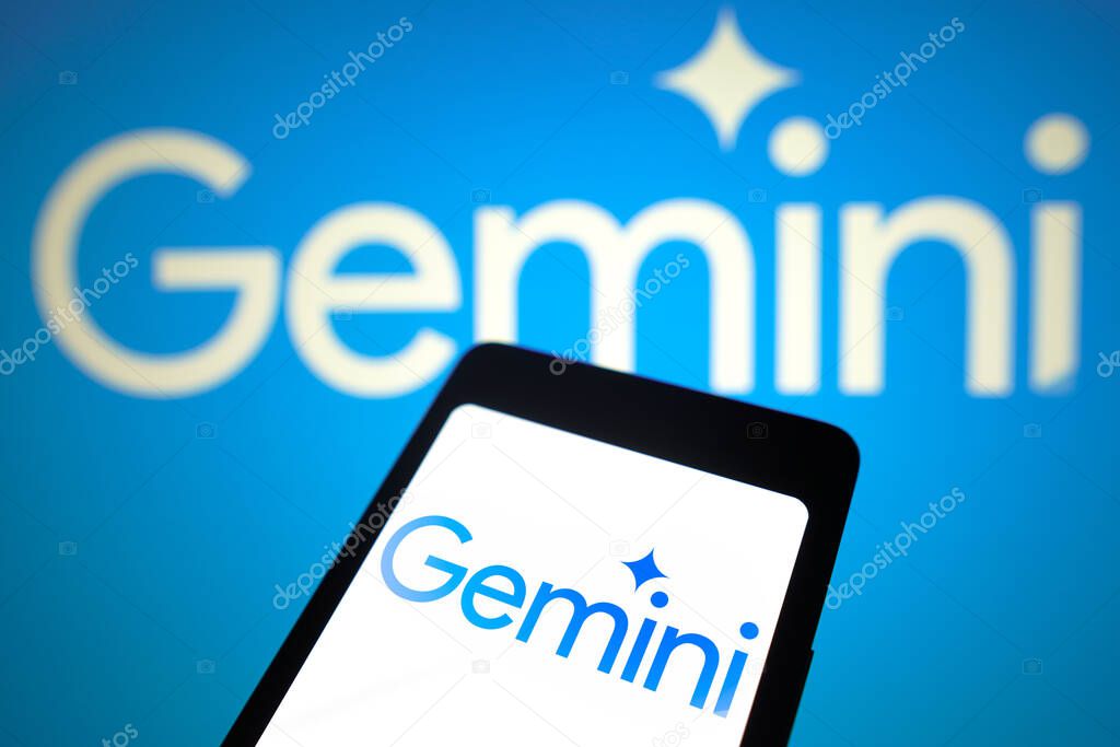 February 6, 2024, Brazil. In this photo illustration, the Google Gemini (Bard) logo is displayed on a smartphone screen and in the background