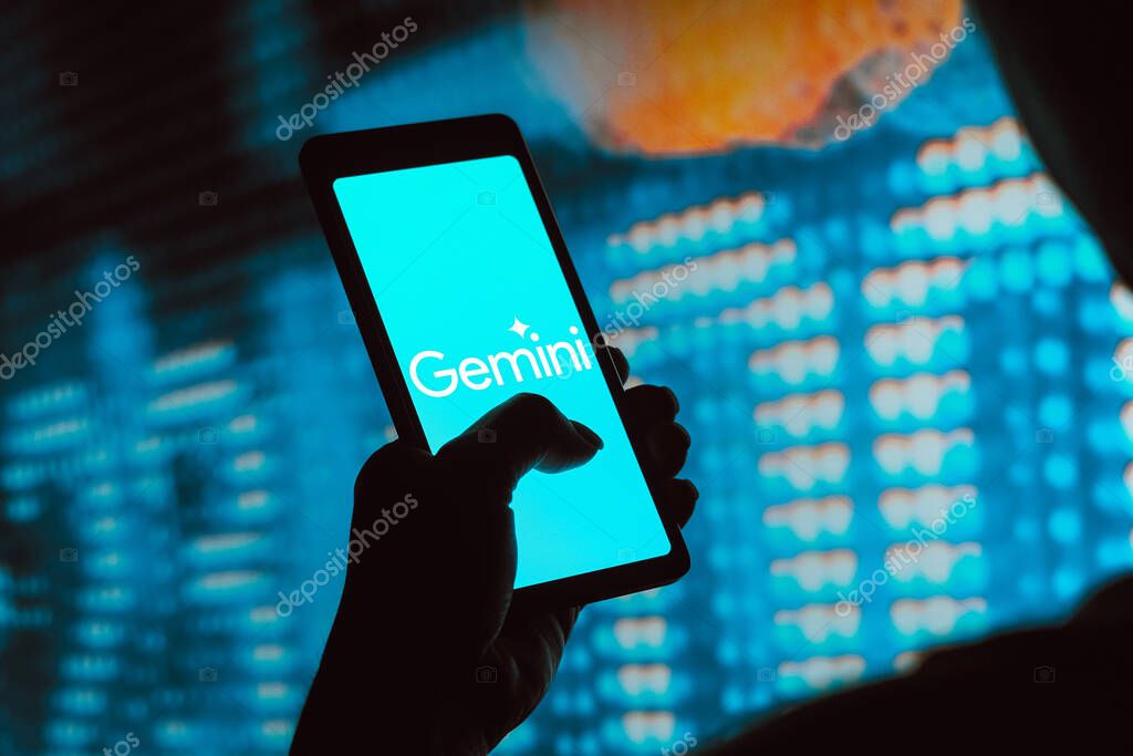 February 12, 2024, Brazil. In this photo illustration, the Google Gemini logo is displayed on a smartphone screen