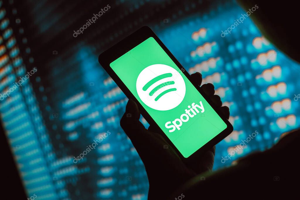 February 12, 2024, Brazil. In this photo illustration, the Spotify Technology logo is displayed on a smartphone screen