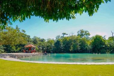 21 Mart 2024, Brezilya. Formoso Nehri 'nin bir kısmı, Bonito' daki belediye tatil beldesinde, Mato Grosso do Sul 'da. Şehir Brezilya 'nın en önemli eko-turizm merkezlerinden biridir. Ana cazibesi, nehirlere dalan doğal manzaralardır.