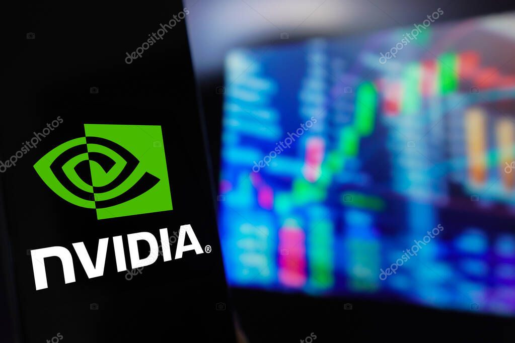 March 22, 2024, Brazil. In this photo illustration, the Nvidia Corporation logo is displayed on a smartphone screen, with a graphic representation of the stock market in the background