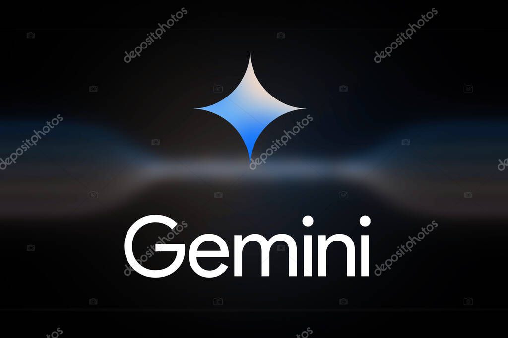 Gemini logo. Logo Google Gemini, Editorial logo company. Black background