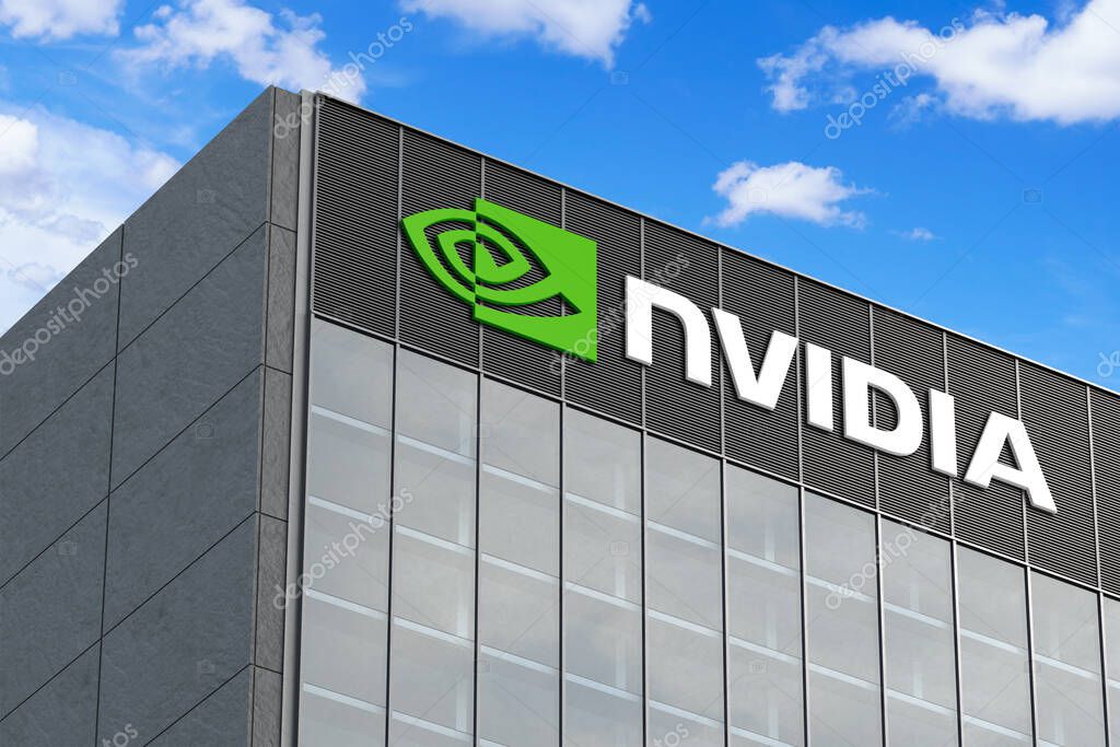 April 5, 2024, Brazil. In this photo illustration in 3D the NVIDIA logo seen on top of the glass building
