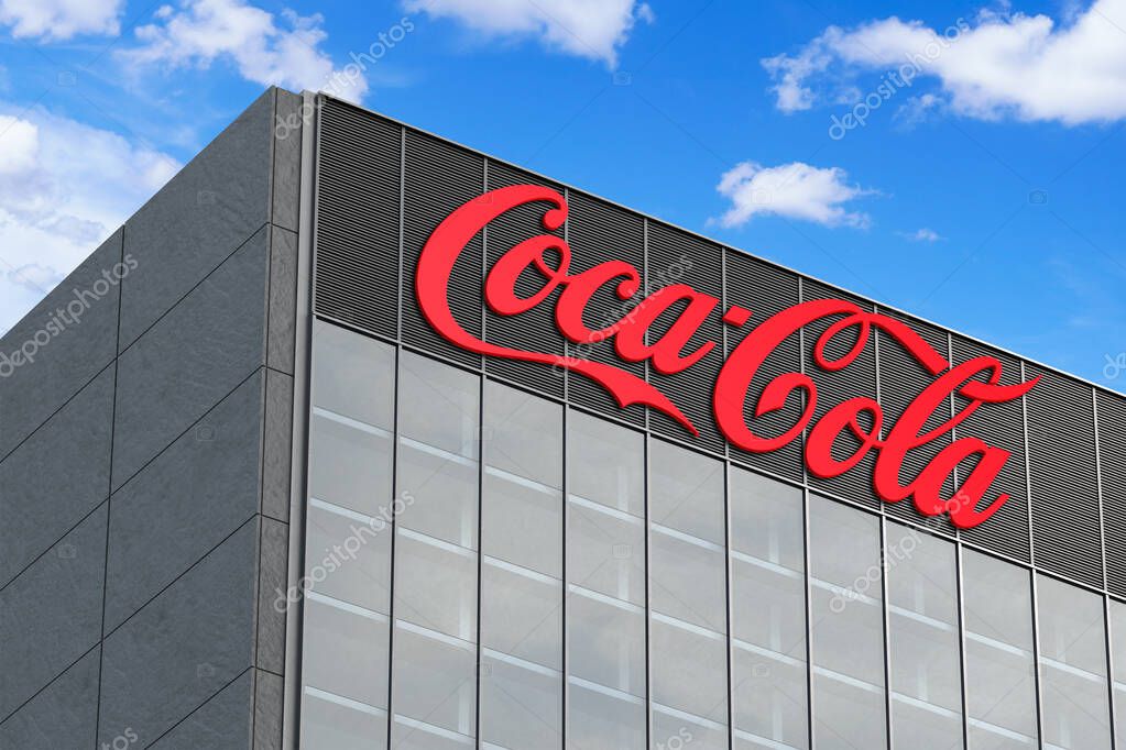 April 6, 2024, Brazil. In this photo illustration in 3D the Coca-Cola Company logo seen on top of the glass building