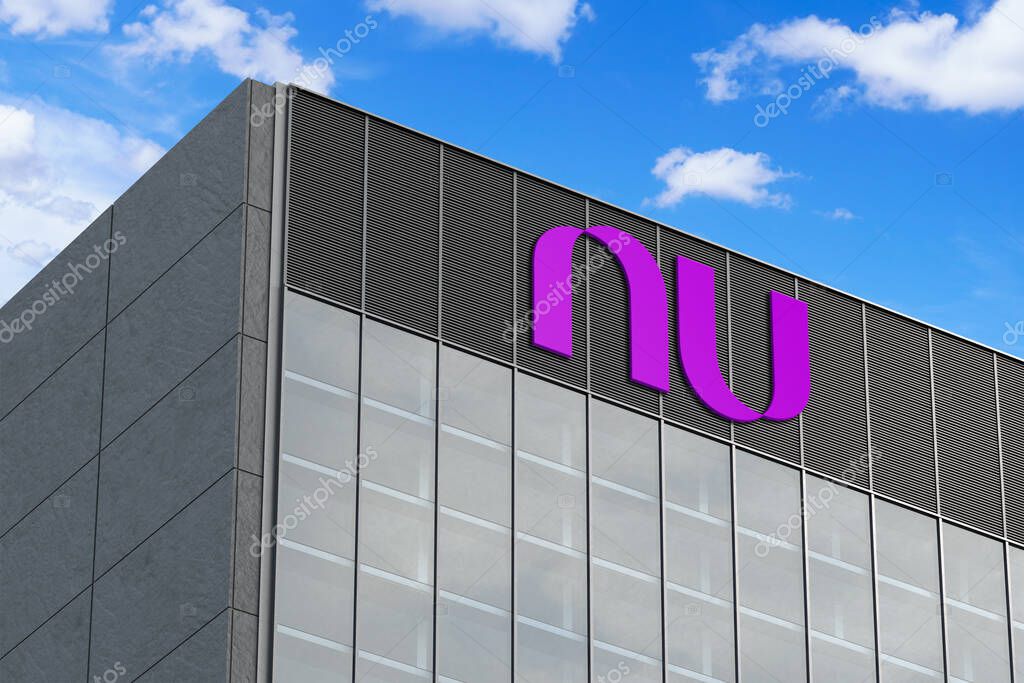 April 6, 2024, Brazil. In this photo illustration in 3D the Nubank logo seen on top of the glass building