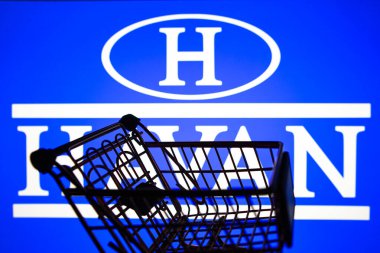 April 5, 2024, Brazil. In this photo illustration, the Havan logo seen displayed on a smartphone along with a shopping cart clipart