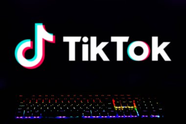 17 Nisan 2024, Brezilya. Bu resimde, TikTok logosu renkli ışıklardan oluşan bir klavye ile bilgisayar ekranında gösterilir.