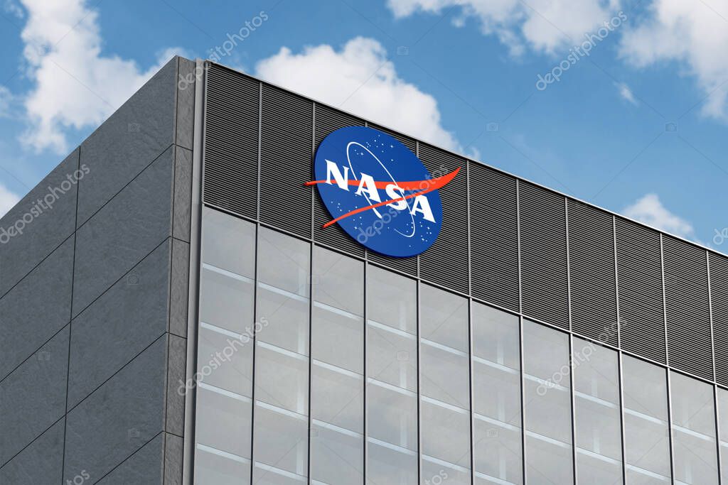 April 26, 2024, Brazil. In this photo illustration in 3D the National Aeronautics and Space Administration (NASA) logo seen on top of the glass building