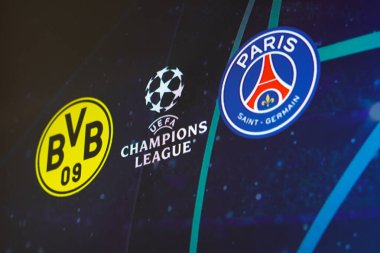 30 Nisan 2024, Brezilya. Bu resimde, Borussia Dortmund ve Paris Saint-Germain (PSG) takımlarının kalkanları 1 Mayıs 2024 Çarşamba günü Dortmund, Ge 'deki Signal Iduna Park' ta oynanan UEFA Şampiyonlar Ligi yarı finalinde oynuyorlar.