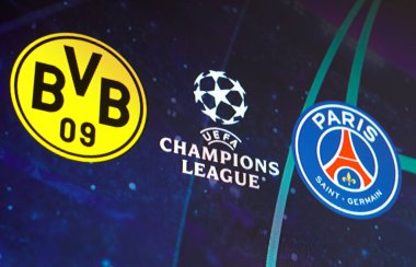 30 Nisan 2024, Brezilya. Bu resimde, Borussia Dortmund ve Paris Saint-Germain (PSG) takımlarının kalkanları 1 Mayıs 2024 Çarşamba günü Dortmund, Ge 'deki Signal Iduna Park' ta oynanan UEFA Şampiyonlar Ligi yarı finalinde oynuyorlar.