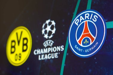 30 Nisan 2024, Brezilya. Bu resimde, Borussia Dortmund ve Paris Saint-Germain (PSG) takımlarının kalkanları 1 Mayıs 2024 Çarşamba günü Dortmund, Ge 'deki Signal Iduna Park' ta oynanan UEFA Şampiyonlar Ligi yarı finalinde oynuyorlar.