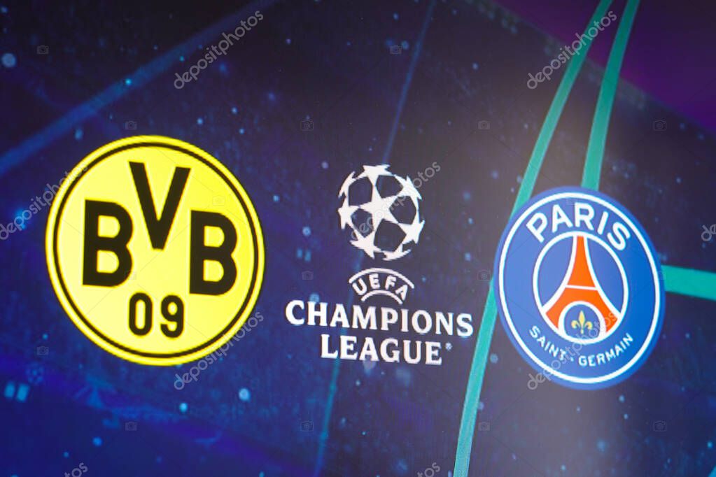 April 30, 2024, Brazil. In this photo illustration, the shields of the Borussia Dortmund and Paris Saint-Germain (PSG) teams playing in the semi-final of the UEFA Champions League this Wednesday, May 1, 2024, at the Signal Iduna Park, in Dortmund, Ge