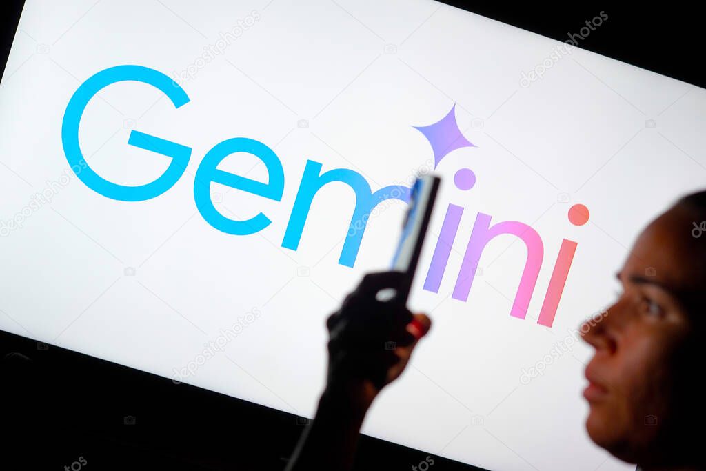 May 15, 2024, Brazil. In this photo illustration, the woman holding a smartphone and the Google Gemini logo is seen in the background.