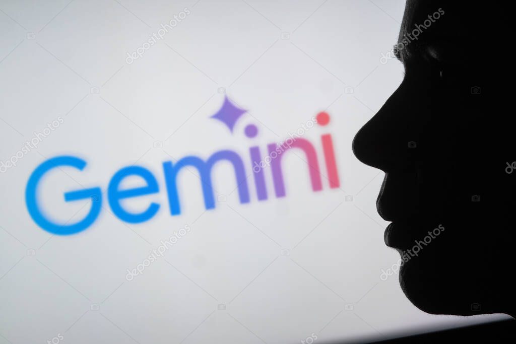 May 15, 2024, Brazil. In this photo illustration, a silhouette of a person is seen and the Google Gemini logo is seen in the background.