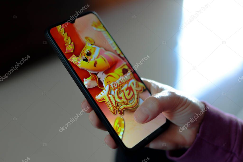 July 1, 2024, Brazil. Person playing Fortune Tiger, also called Jogo do Tigrinho. Criminal organizations would be using the platform to carry out scams through the promise of easy money