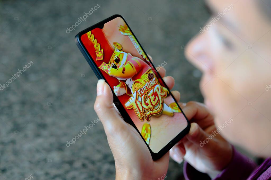 July 1, 2024, Brazil. Person playing Fortune Tiger, also called Jogo do Tigrinho. Criminal organizations would be using the platform to carry out scams through the promise of easy money